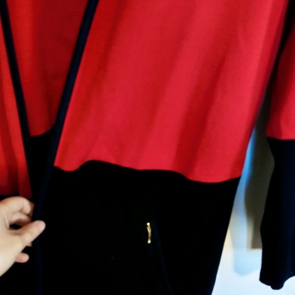 Red and black color blocked cardigan, heavy weight with black trim detail. Gold - Picture 2 of 5